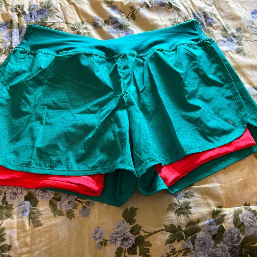 Danskin Now Dri More Green & Orange Active Shorts - Medium